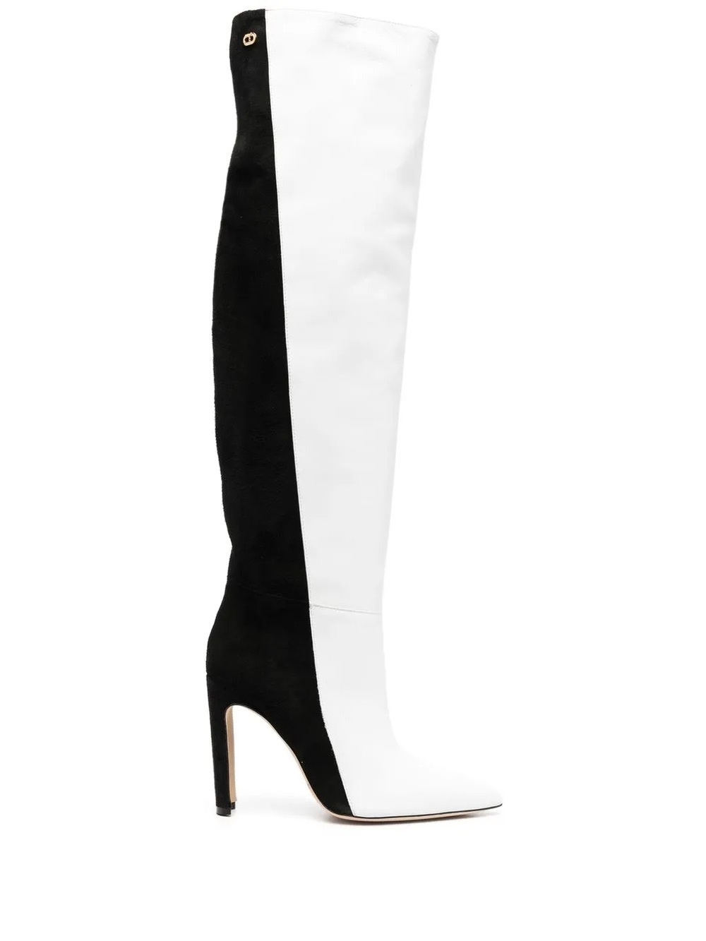 DEE OCLEPPO Alexandra Two-Tone Knee-High
Leather & Suede Boots in Black & White